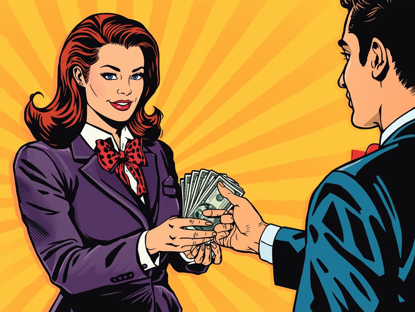 en kvinde der betaler en mand med mange sedler